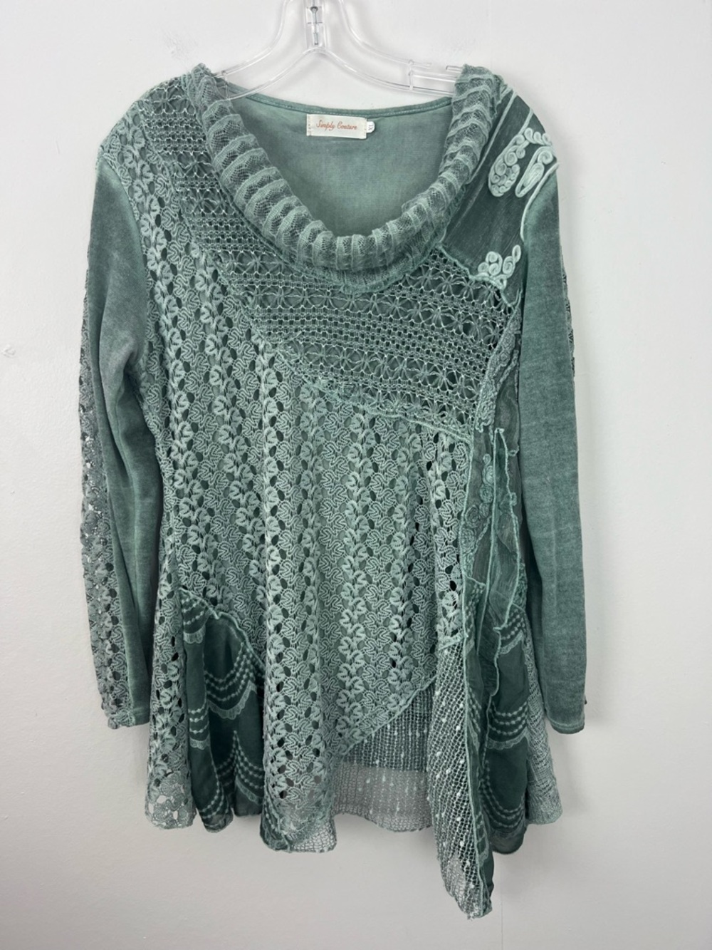 Simply Couture Sea Green Lace Knit Cowl Neck Top Asymmetrical
